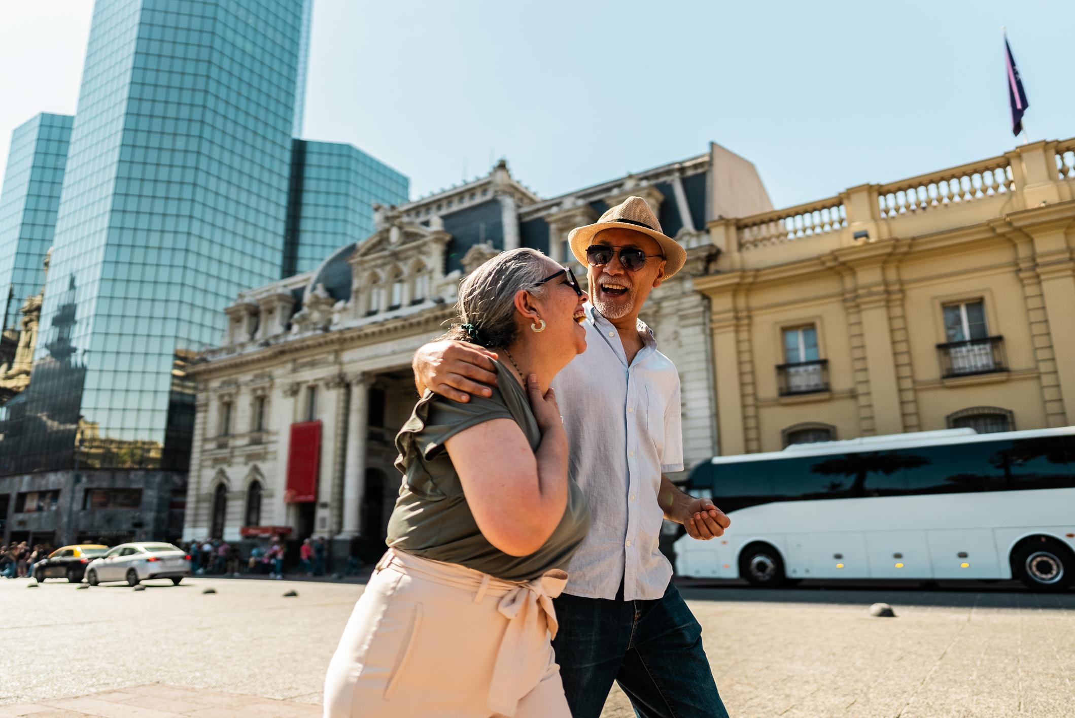 Happy couple strolling through the streets of Santiago Chile
