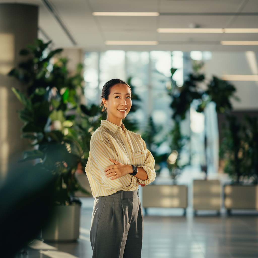 High-angle, full-width portrait of a woman in a striped shirt and grey pants with arms crossed smiling in a modern office with large plants.