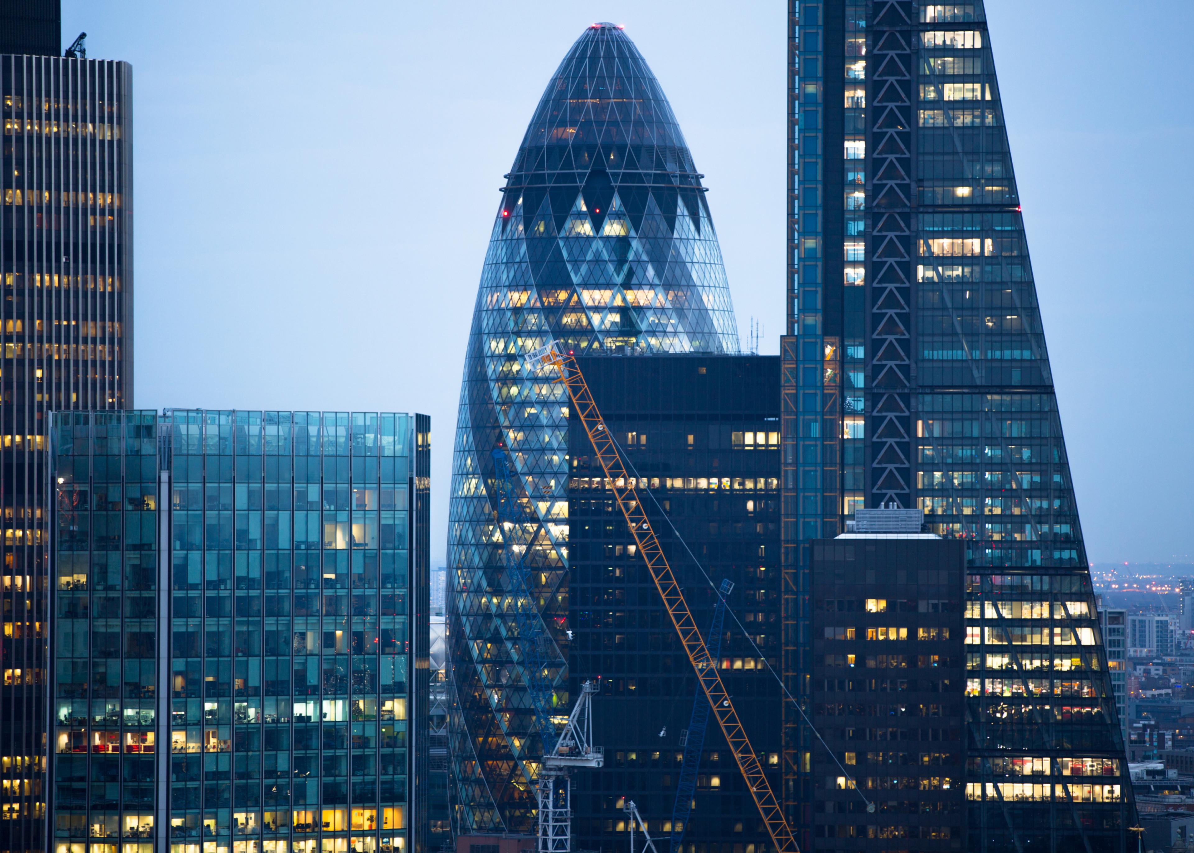 Skyscrapers in the primary financial district of London, England, United Kingdom