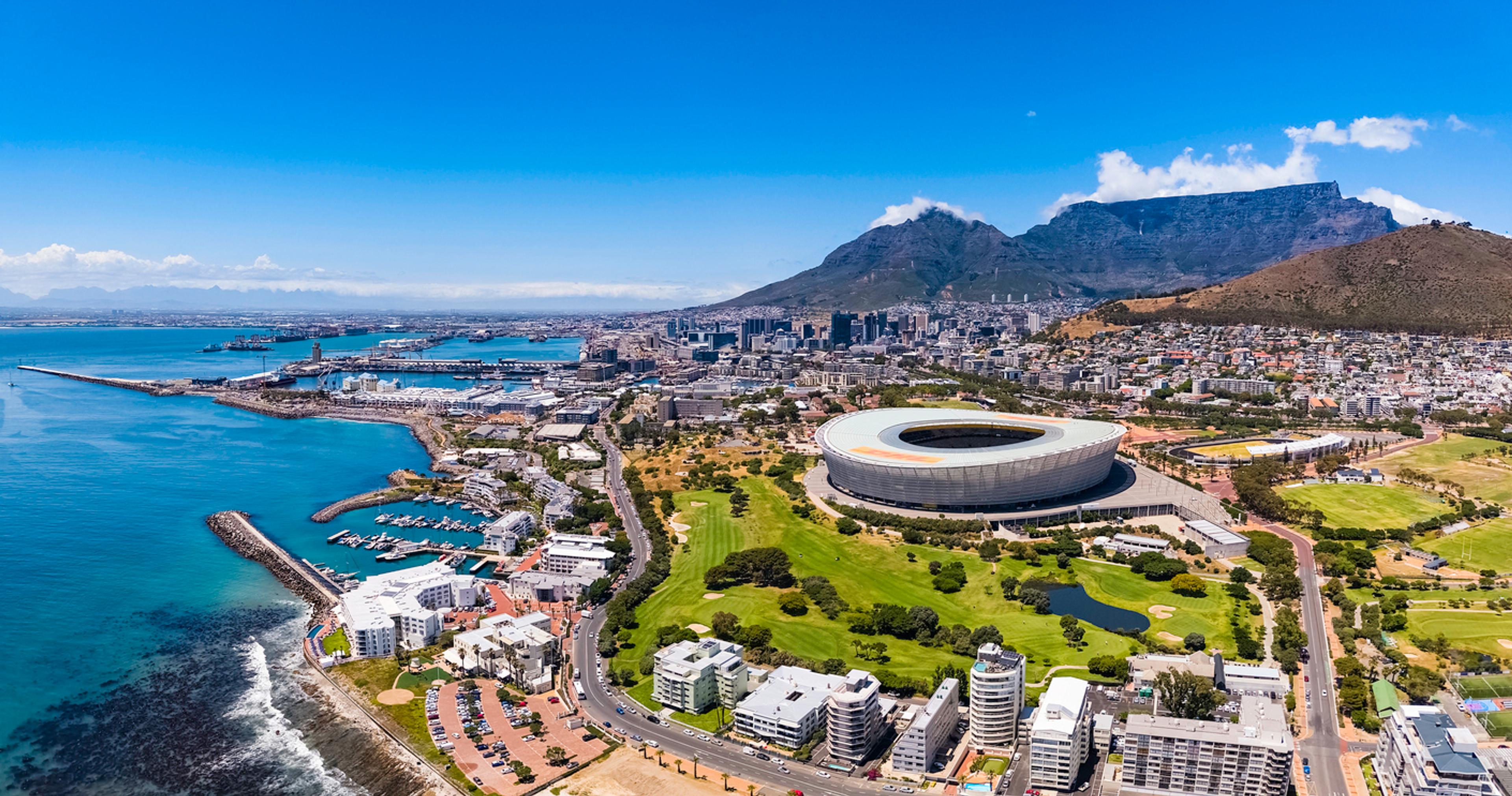 Aerial view of Cape Town’s harbor and DHL Stadium in South Africa