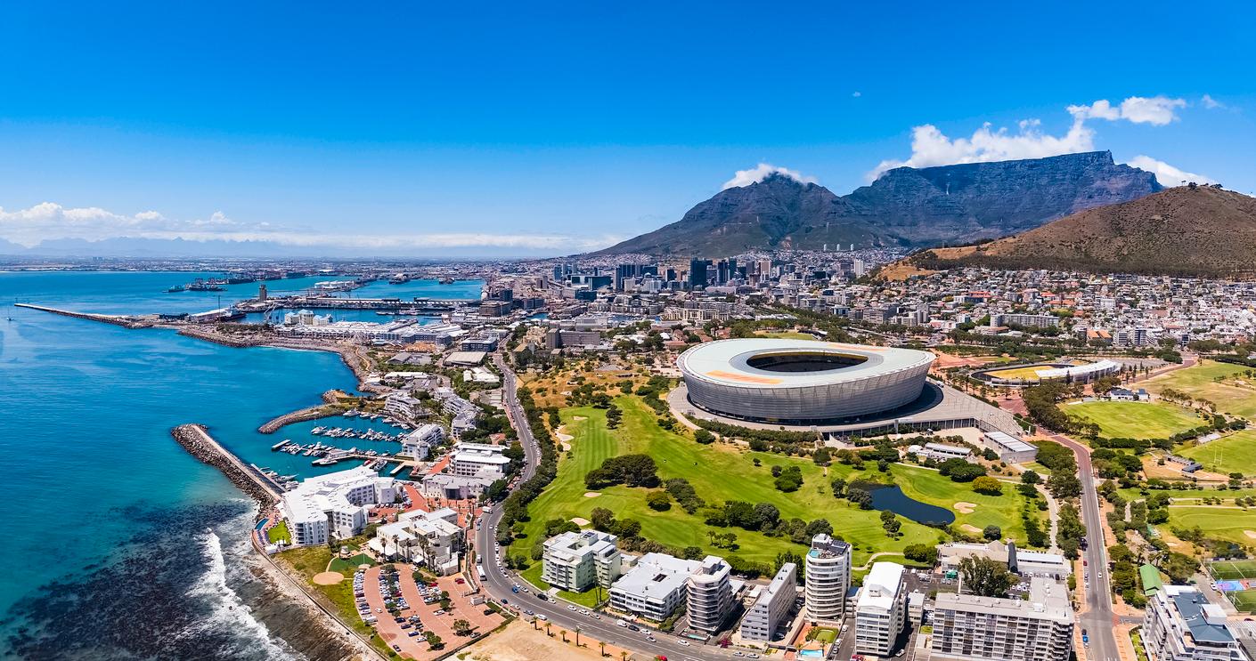Aerial view of Cape Town’s harbor and DHL Stadium in South Africa
