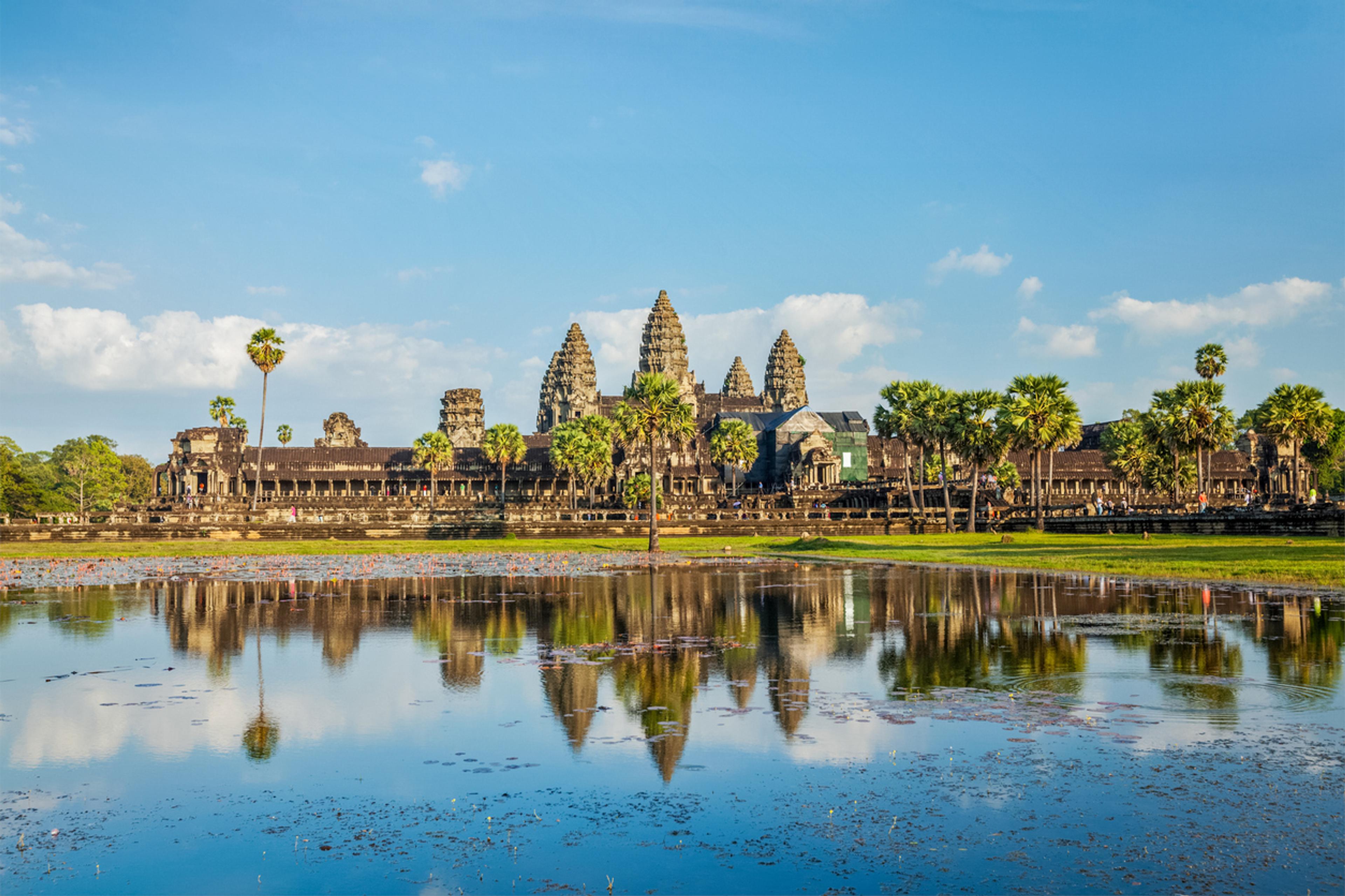 Angkor Wat from across a lake in Siem Reap, Cambodia