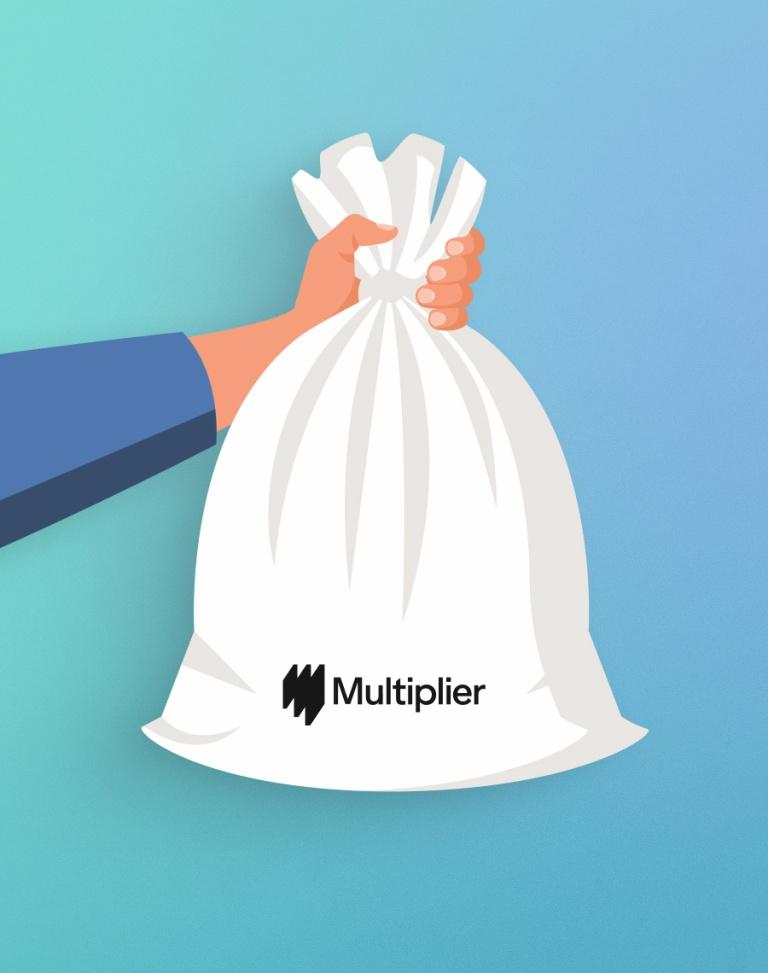 Vector illustration of a hand holding a white sack labeled with the Multiplier logo against a blue gradient background.