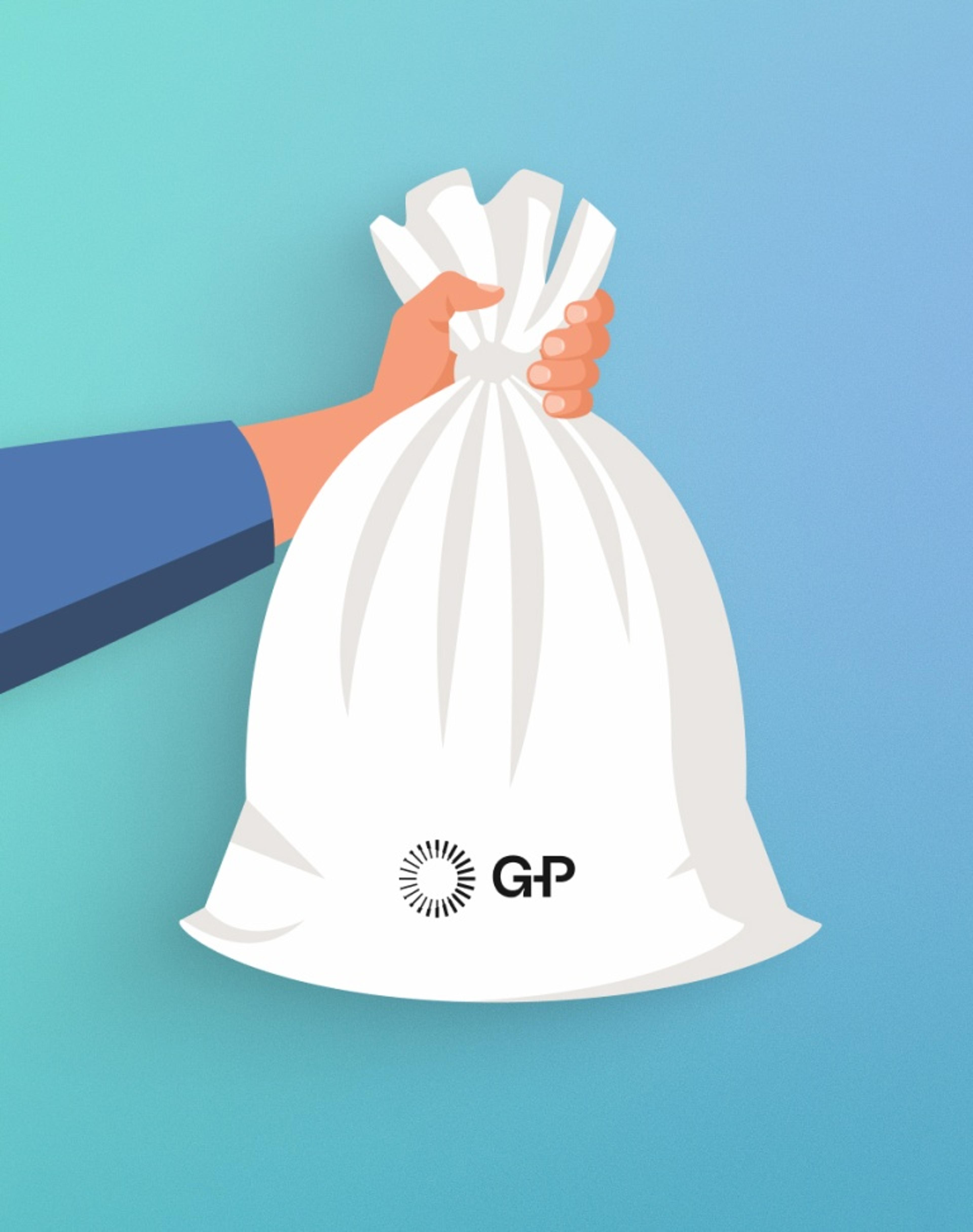 Vector illustration of a hand holding a white sack labeled with the G-P logo against a blue gradient background.