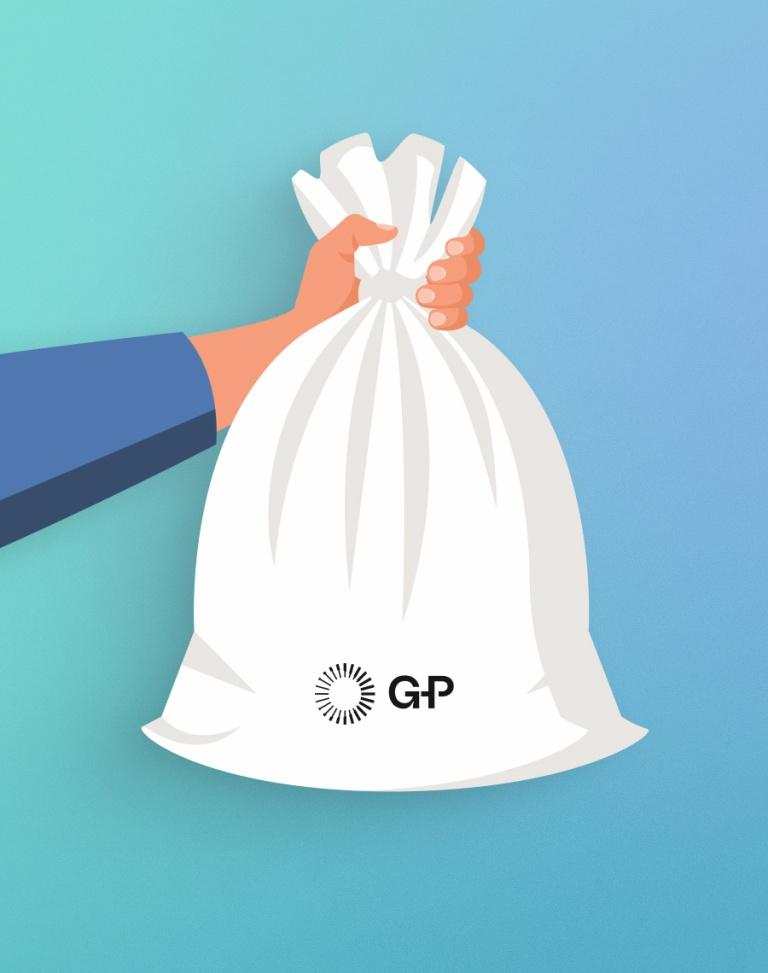 Vector illustration of a hand holding a white sack labeled with the G-P logo against a blue gradient background.