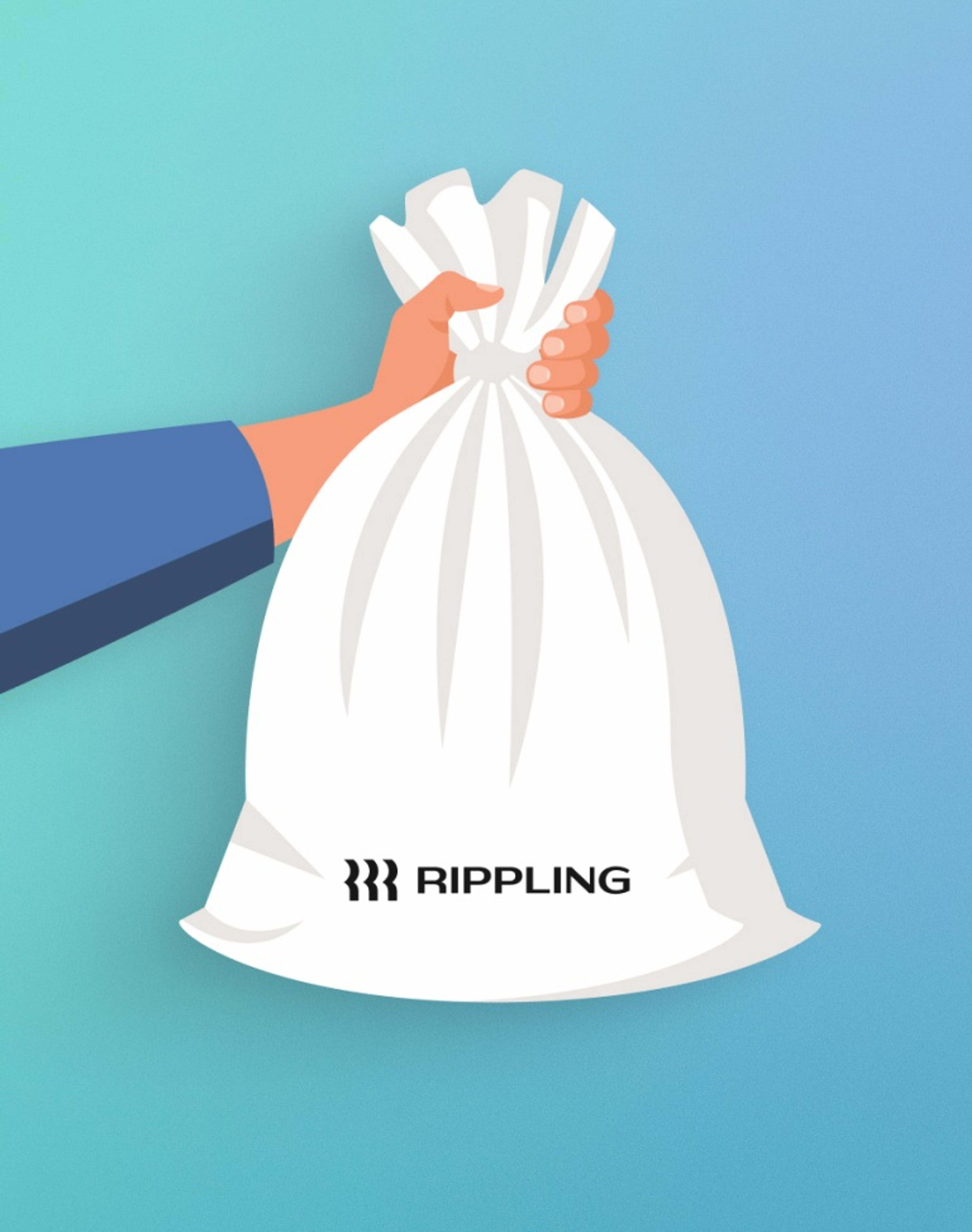 Vector illustration of a hand holding a white sack labeled with the Deel logo against a blue gradient background.