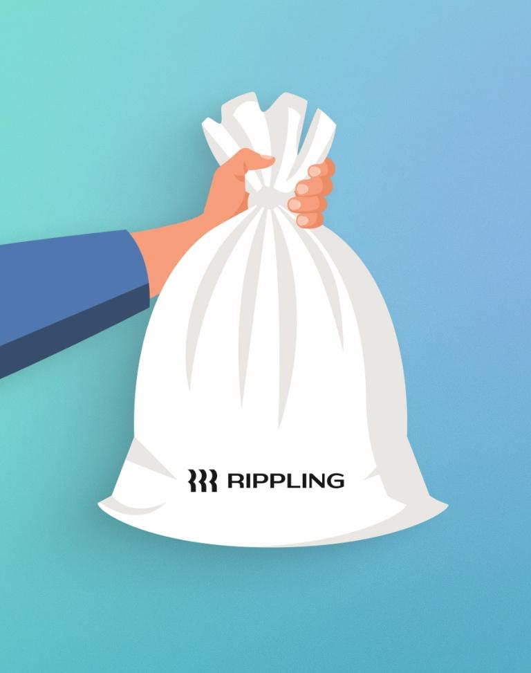 Vector illustration of a hand holding a white sack labeled with the Deel logo against a blue gradient background.