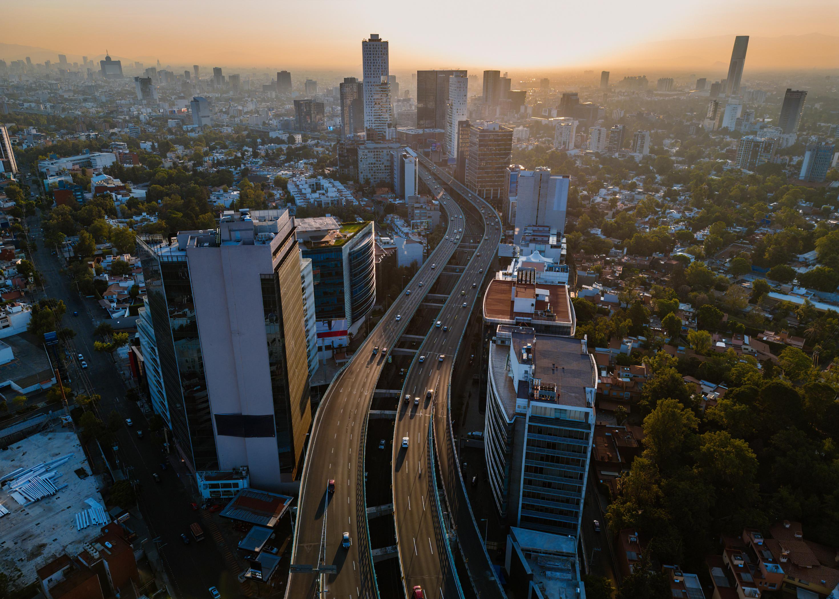 Aerial view of the Mexico City bridge and skyline