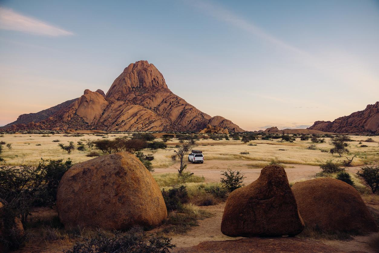 Panoramic view of stunning Skitzkoppe at dusk in Namibia