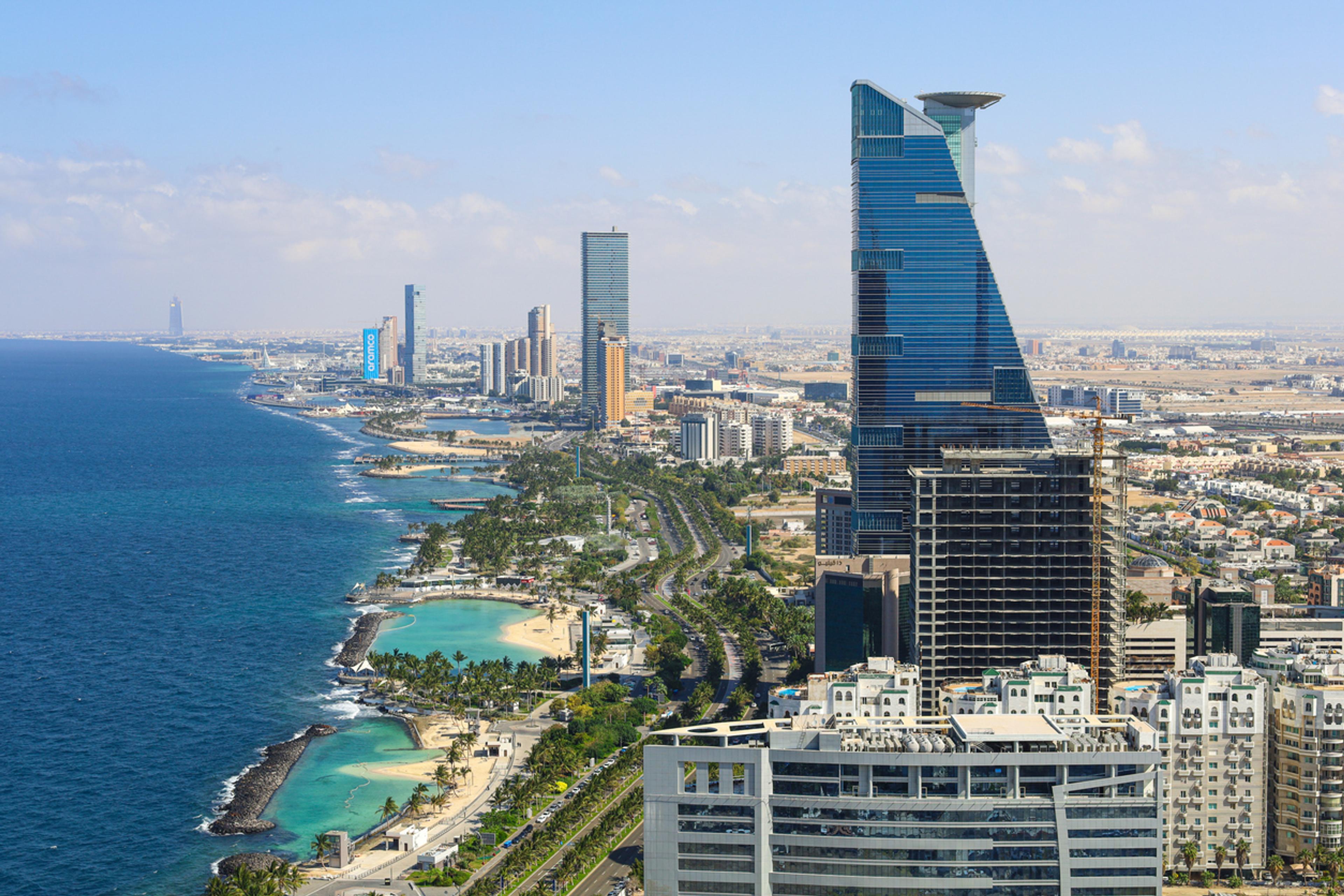 Aerial view of Jeddah’s oceanfront in Saudi Arabia