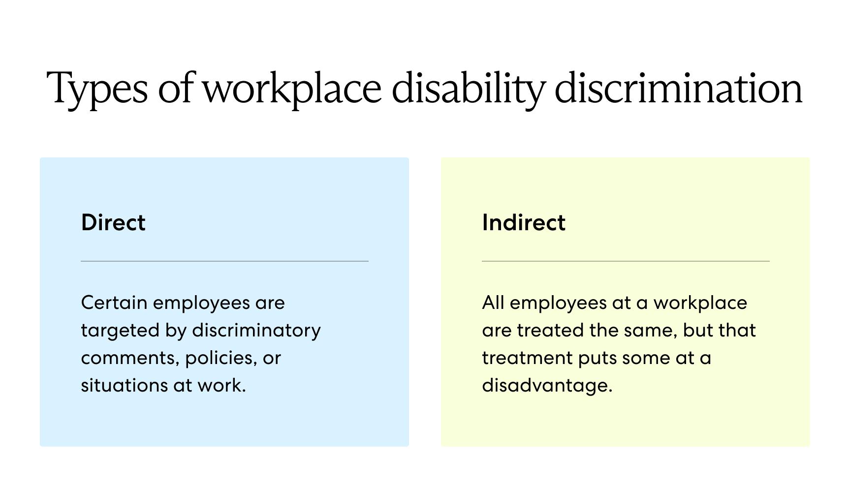 Types of workplace disability discrimination - direct and indirect