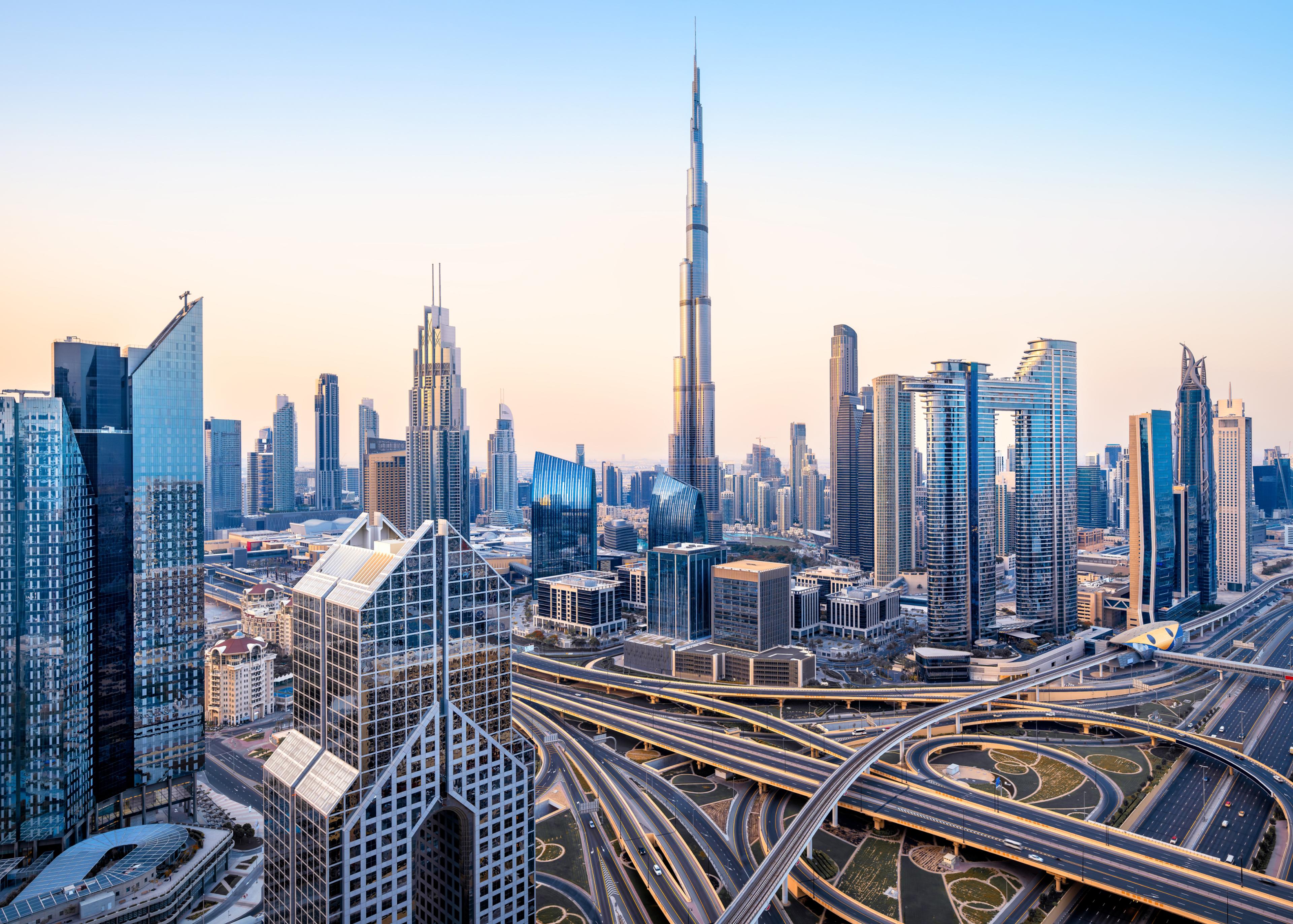 View of the Burj Khalifa hotel in Dubai, United Arab Emirates at dusk