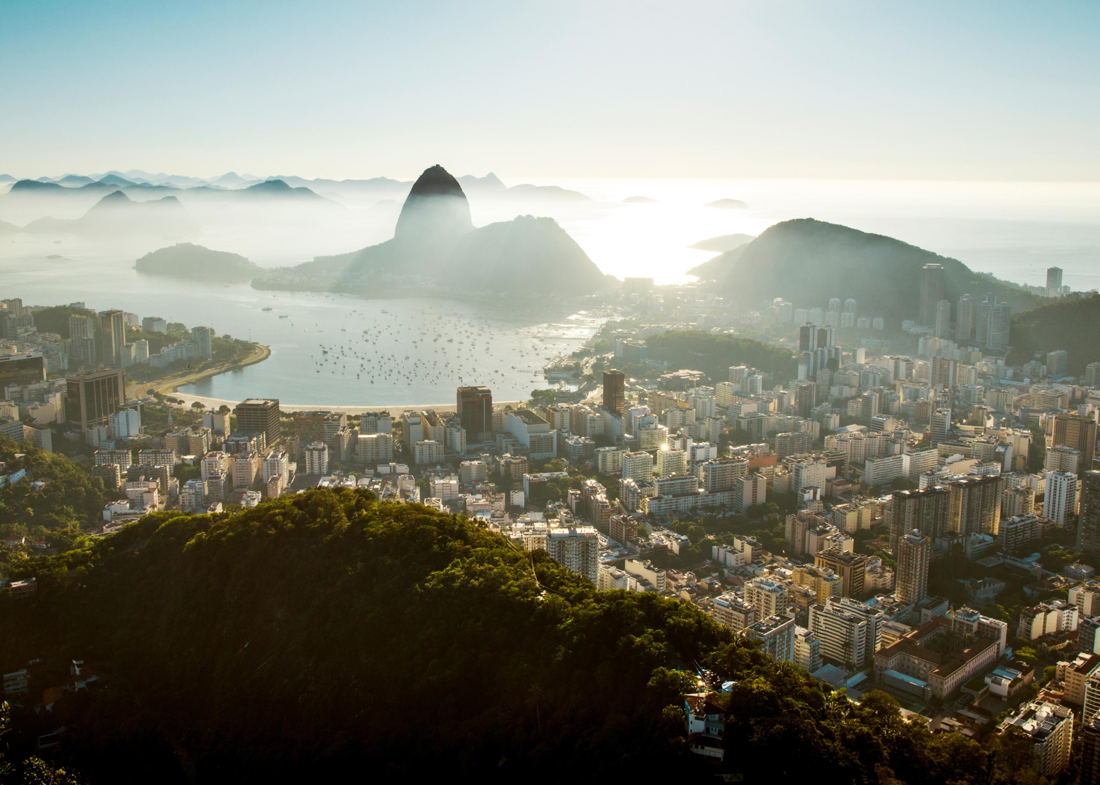 Aerial view of Rio de Janeiro, Brazil’s Pau de Acucar under a cloudy sky