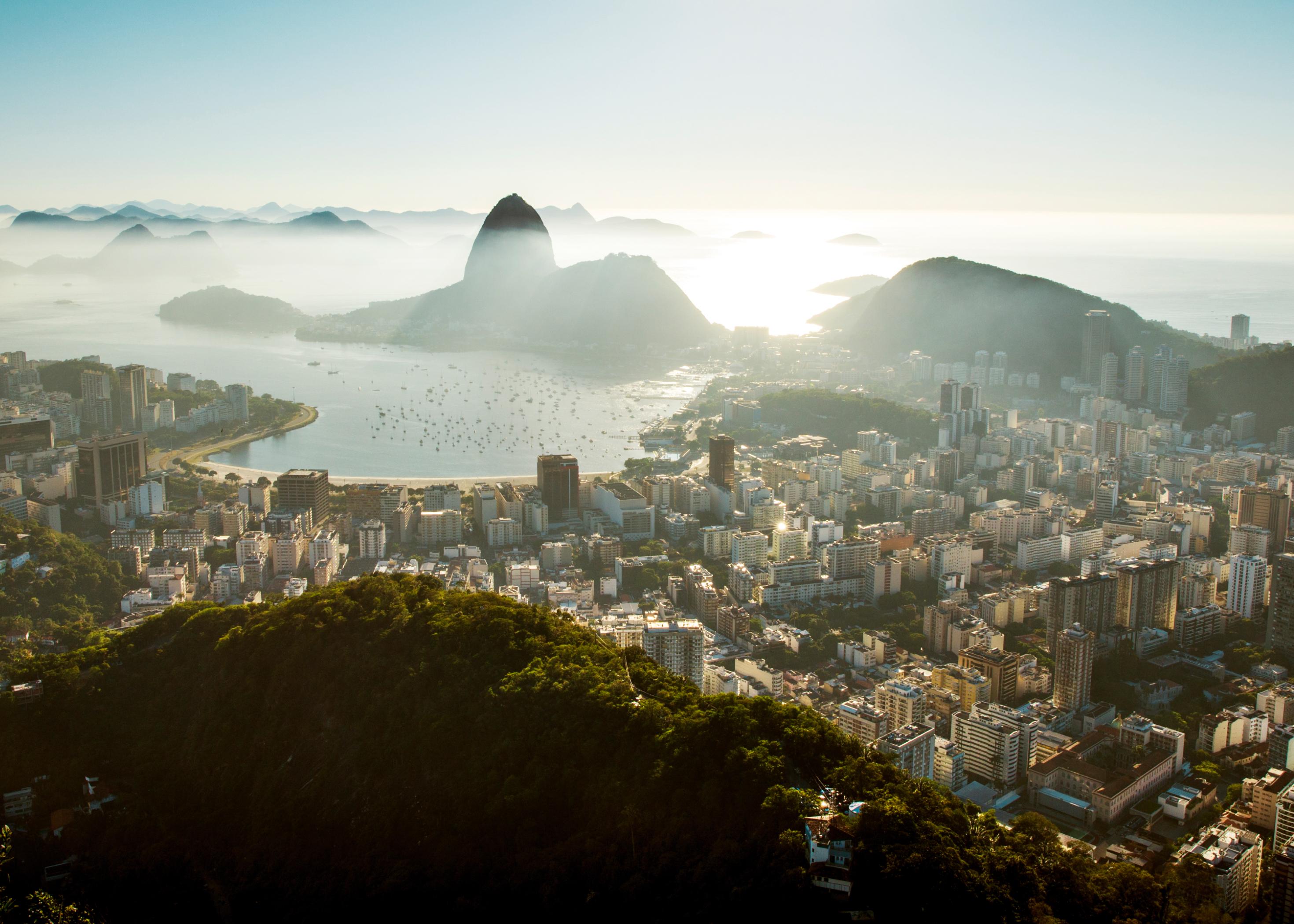 Aerial view of Rio de Janeiro, Brazil’s Pau de Acucar under a cloudy sky