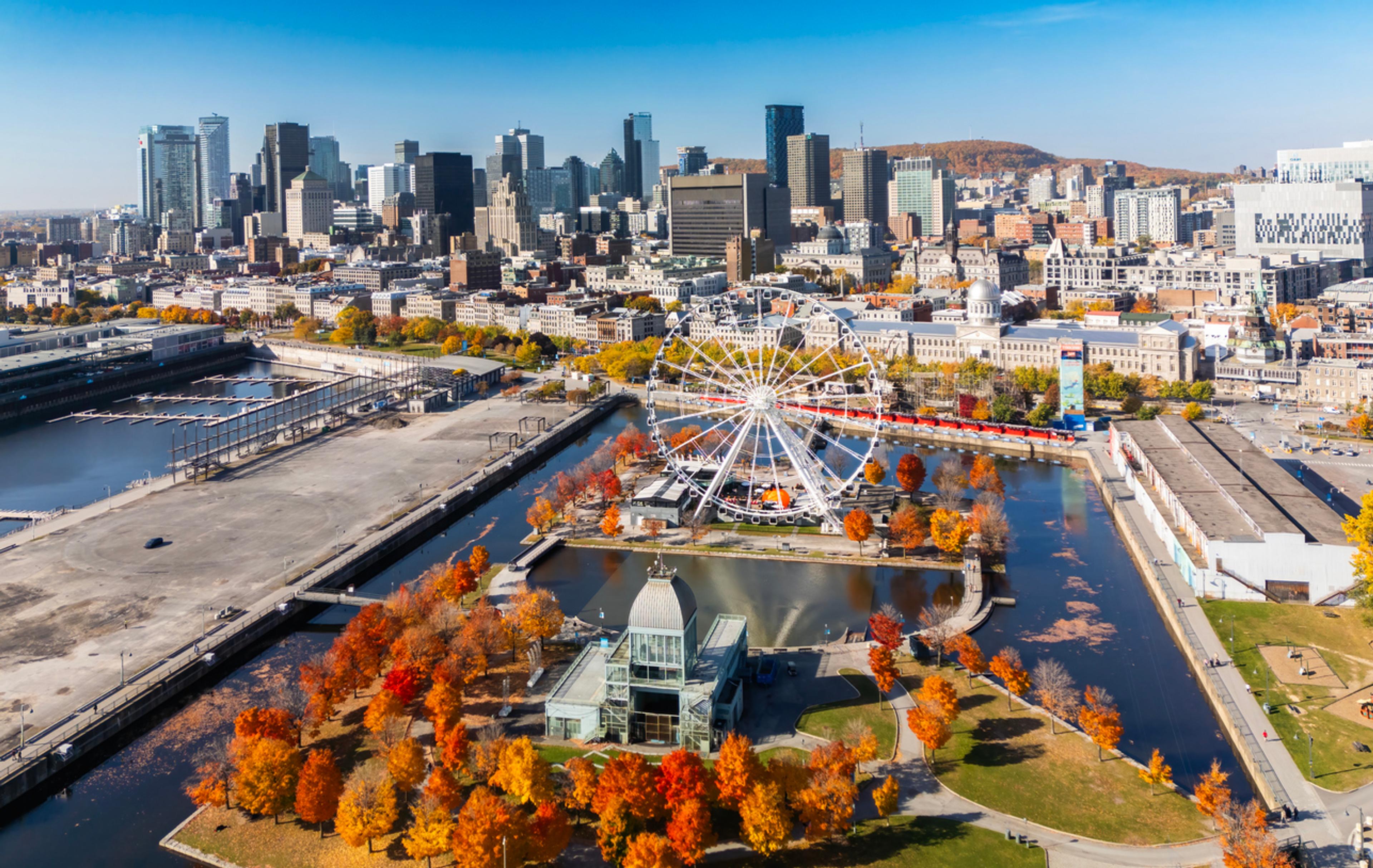 Aerial view of Montreal Old Port during autumn