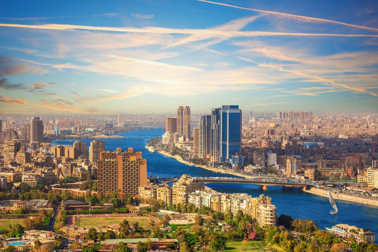 Aerial view of Cairo Egypt’s Nile riverfront at golden hour