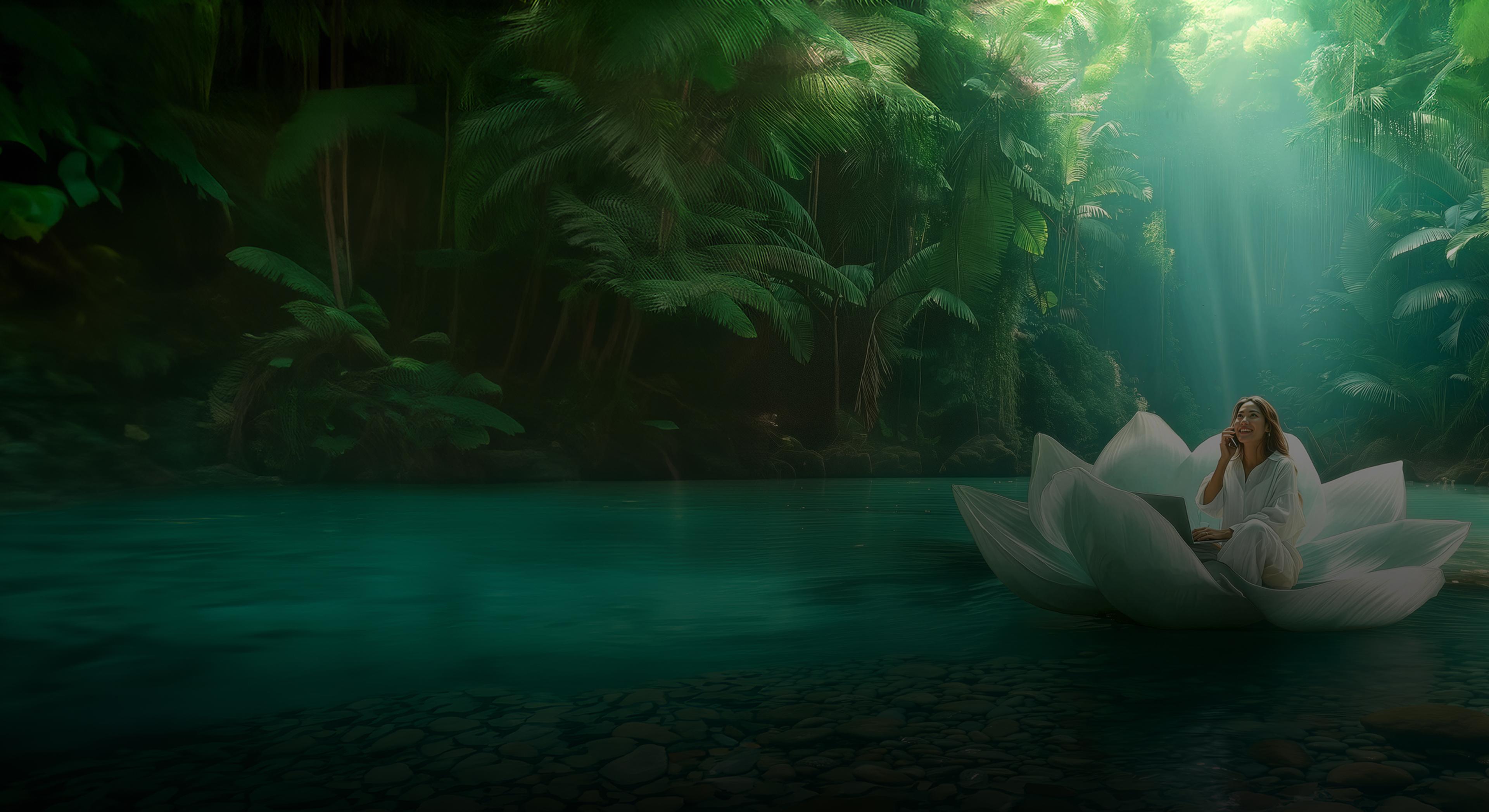 A woman working on a laptop while seated on a large luminous white flower petal, surrounded by lush dark green foliage in a serene, dreamlike setting