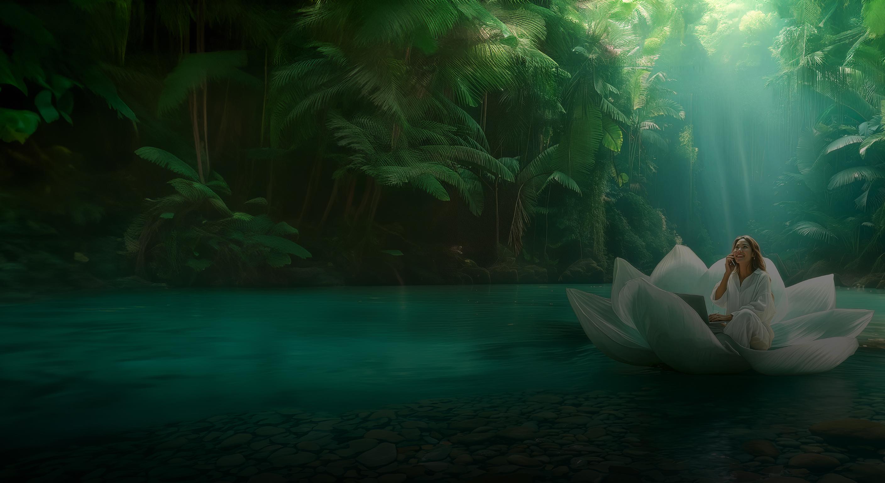 A woman working on a laptop while seated on a large luminous white flower petal, surrounded by lush dark green foliage in a serene, dreamlike setting