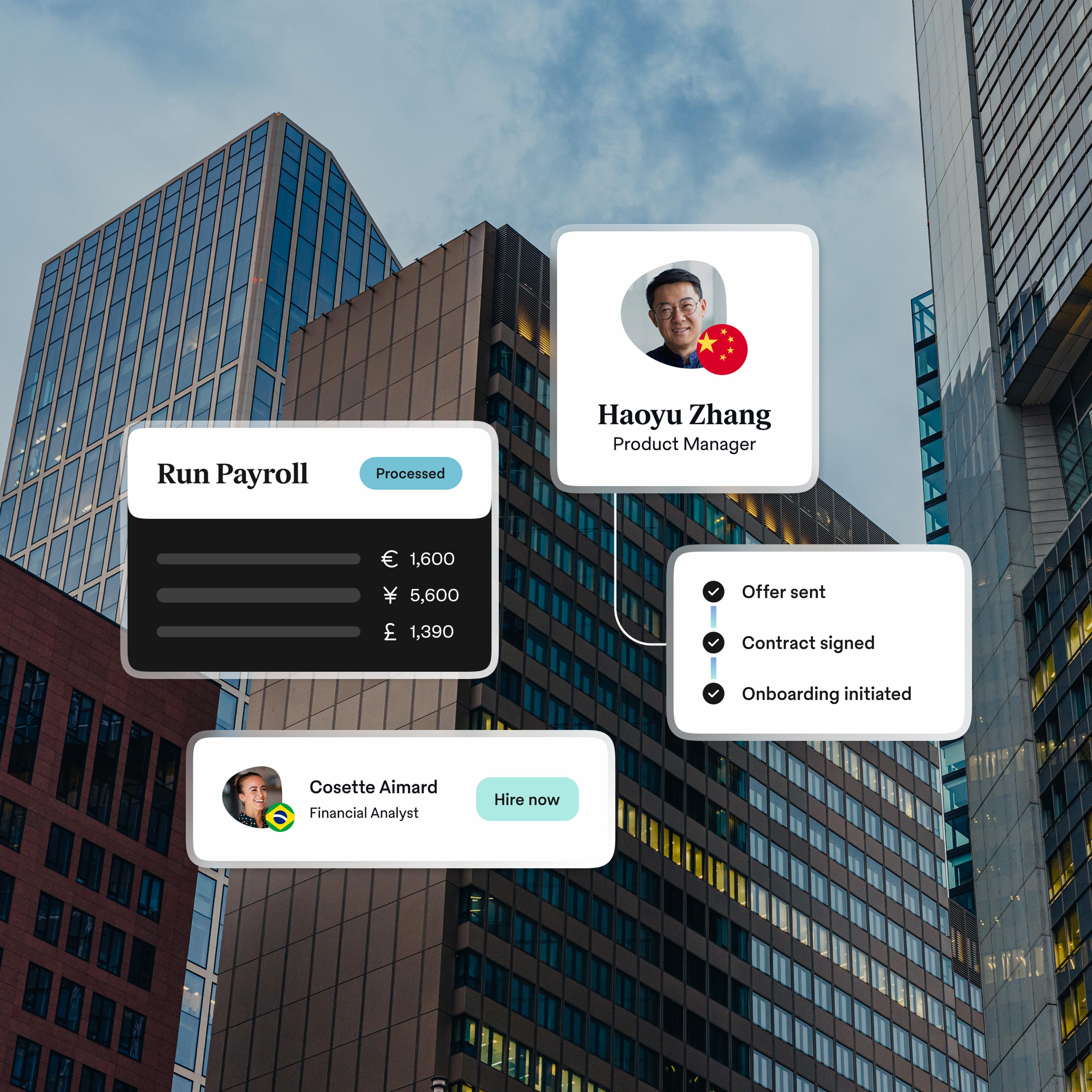 Modern architectural facade behind abstracted UI