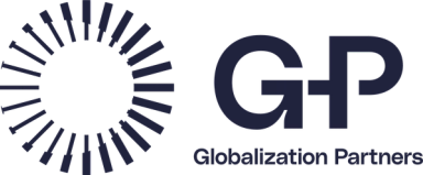 G-P Globalization Partners logo in dark navy blue featuring a circular sunburst motif alongside bold "G-P" lettering and the full name below.