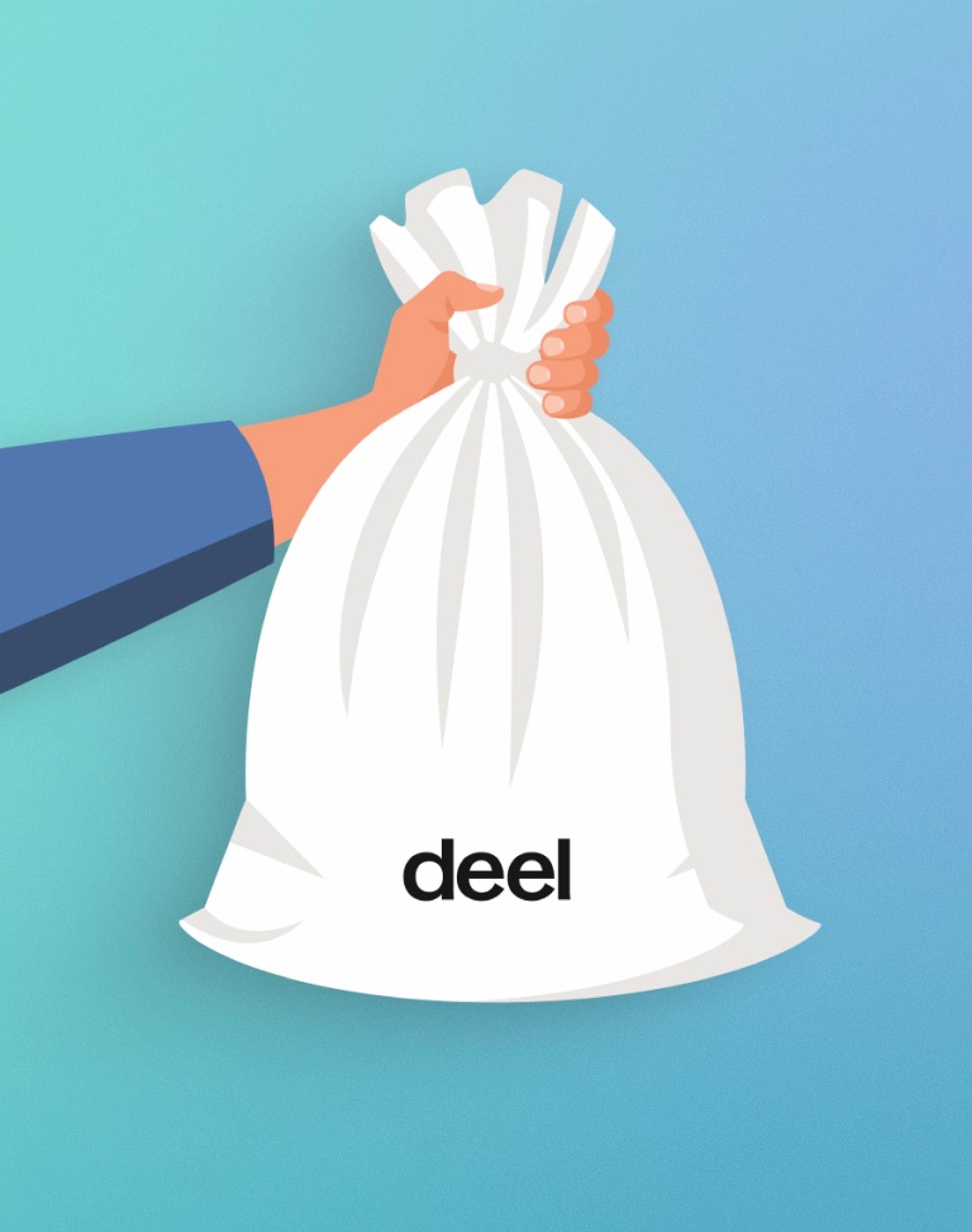 Vector illustration of a hand holding a white sack labeled with the Deel logo against a blue gradient background.