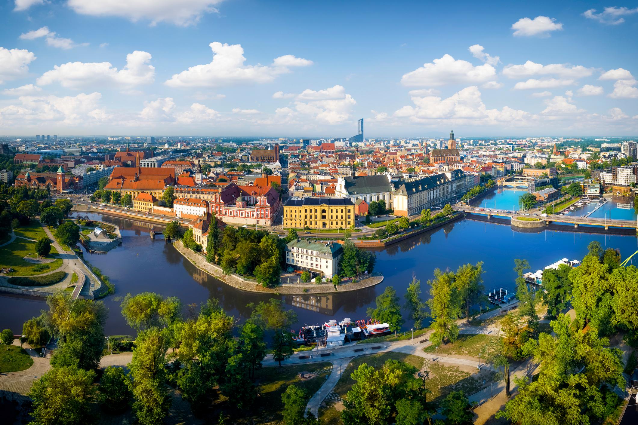 Aerial view of Wroclaw Poland’s Oder riverfront in the evening