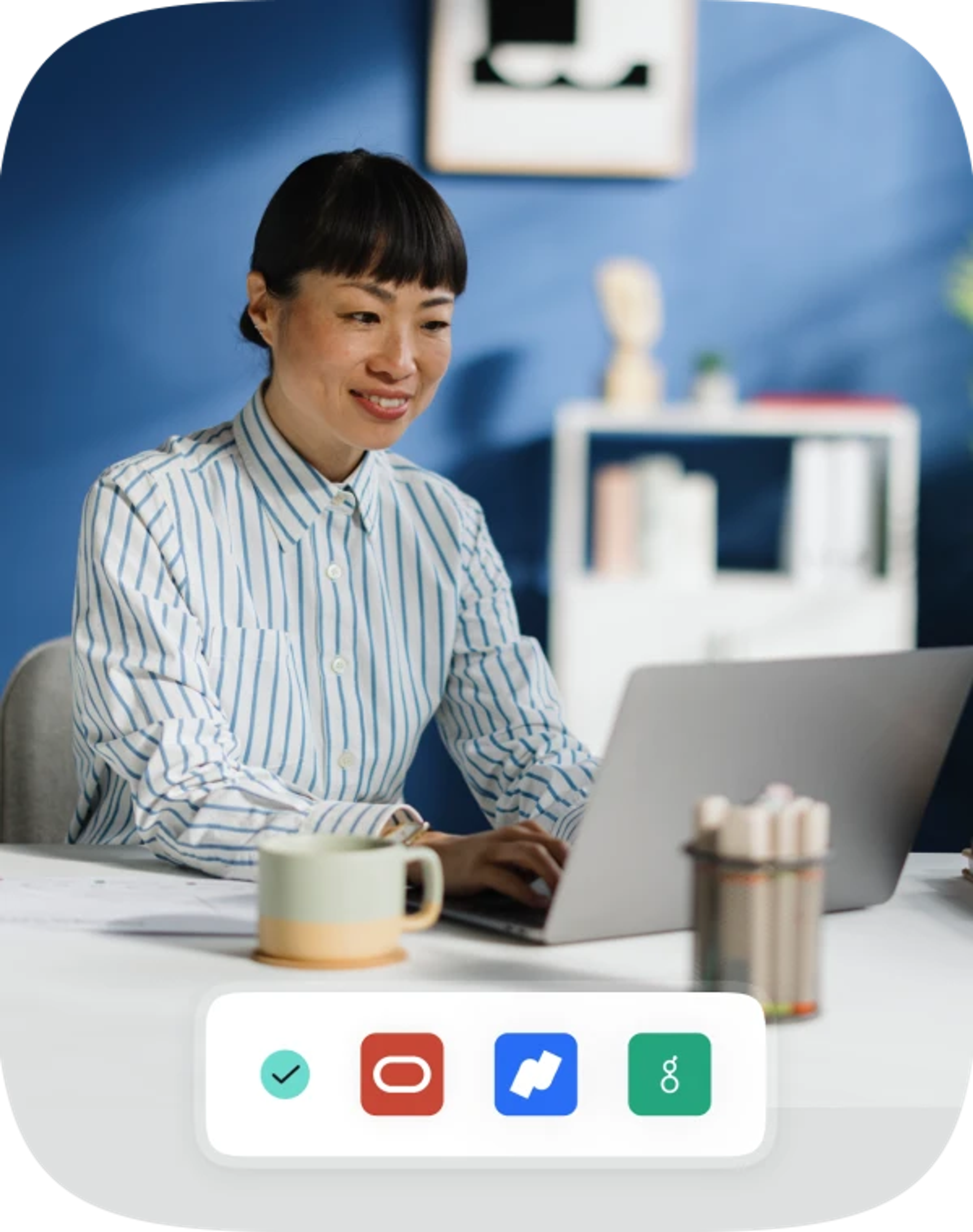 Woman using laptop and Pebl integration logos.