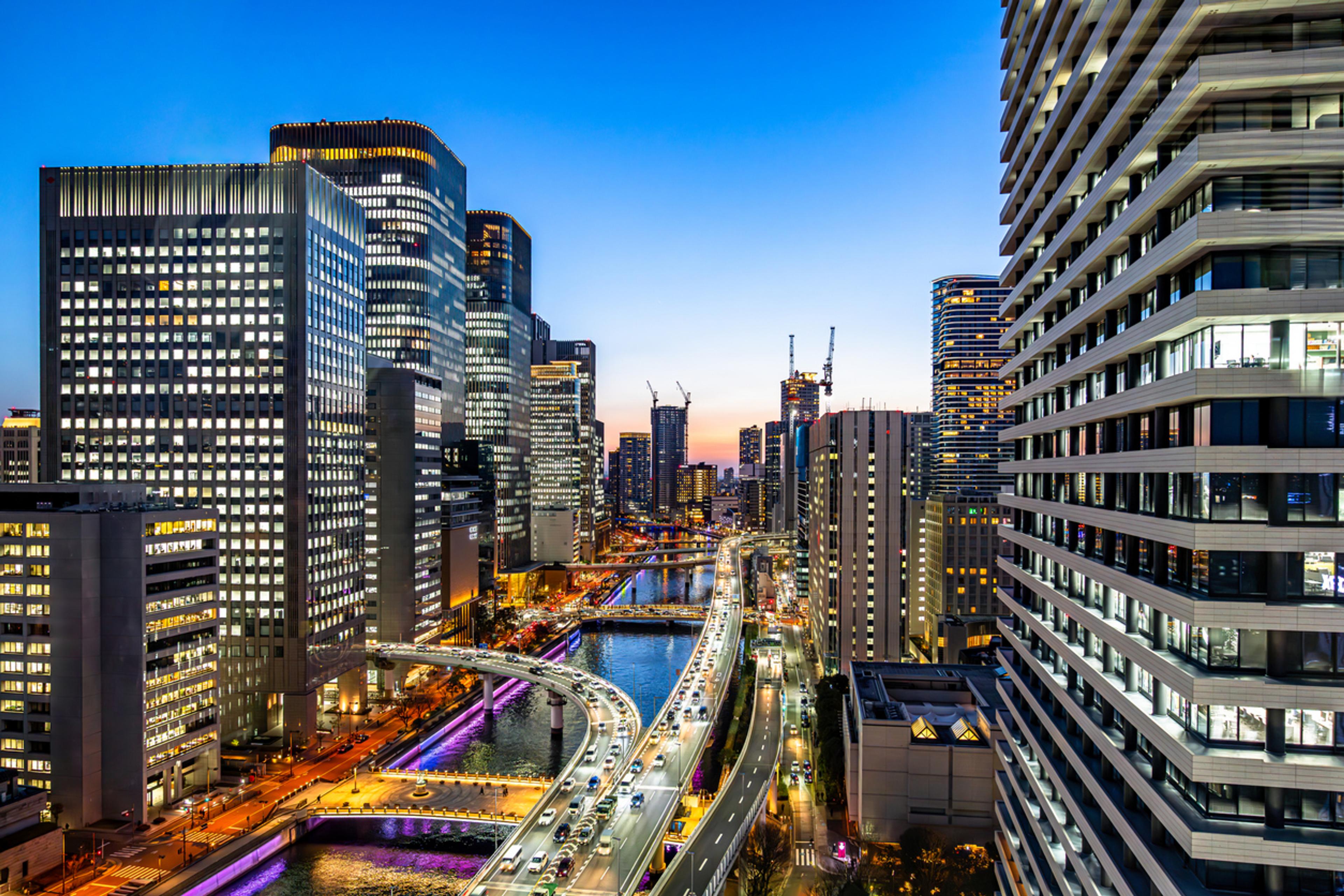 Osaka commercial district and expressway at dusk in Japan