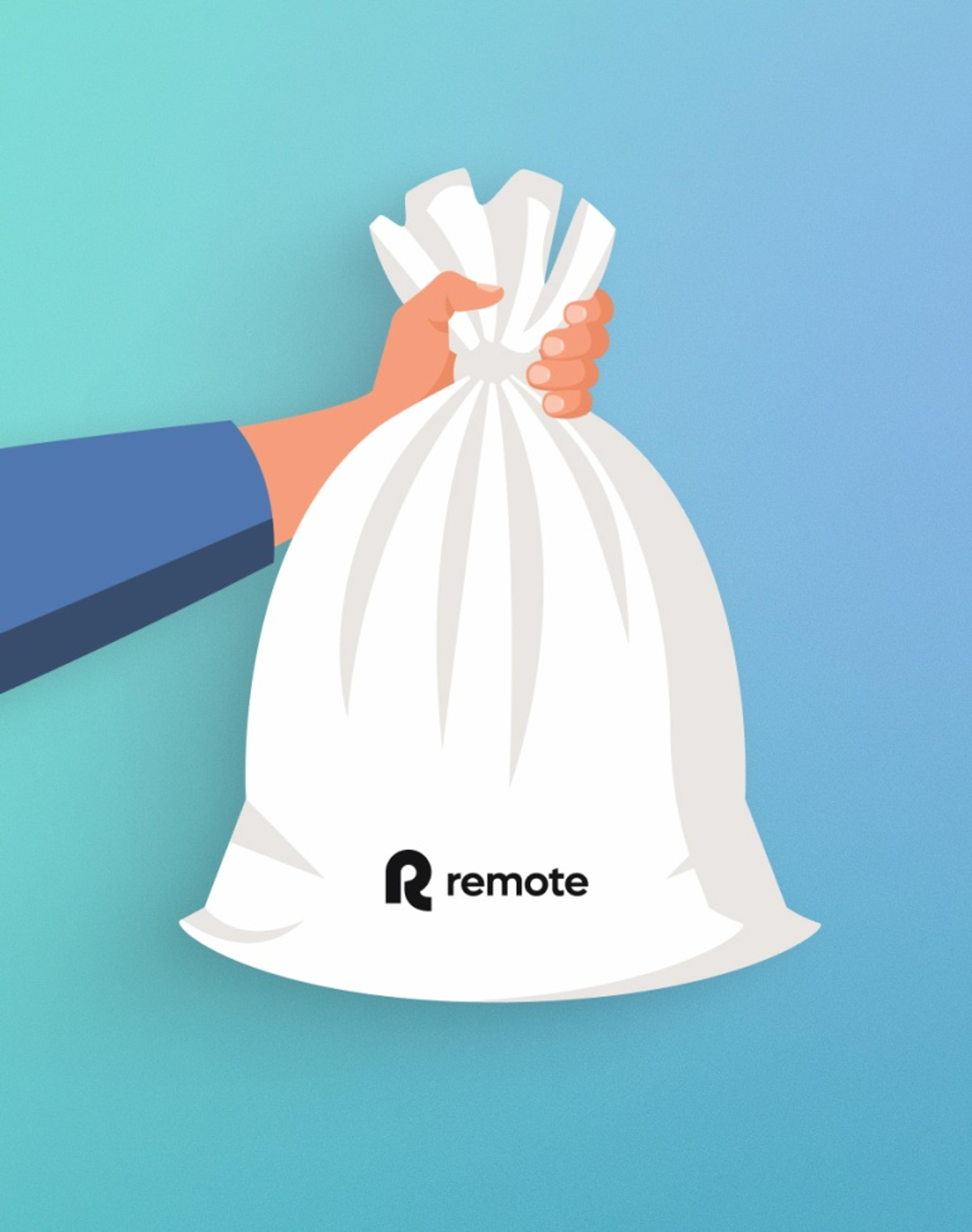 Vector illustration of a hand holding a white sack labeled with the remote logo against a blue gradient background.