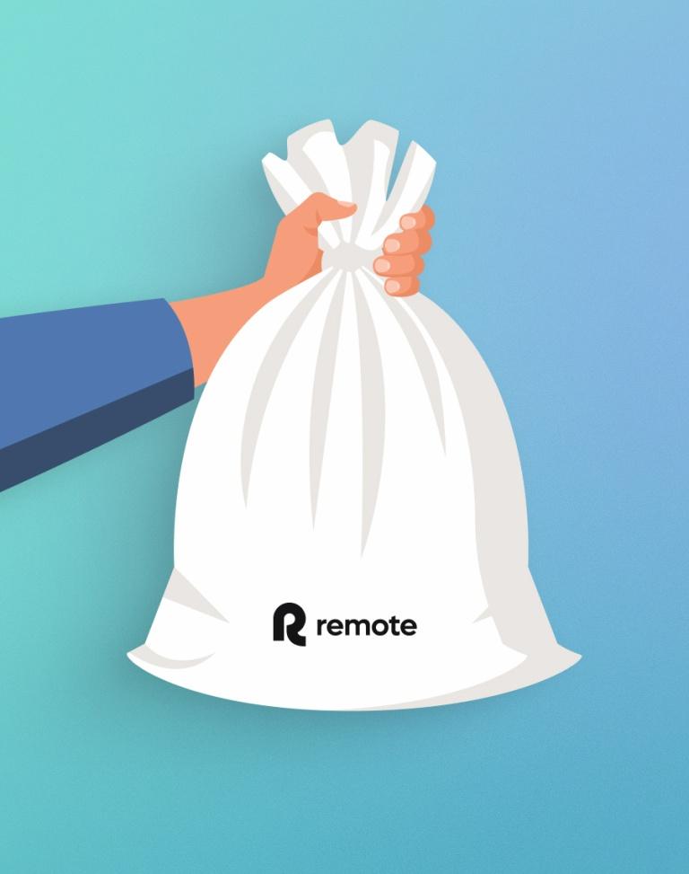 Vector illustration of a hand holding a white sack labeled with the remote logo against a blue gradient background.