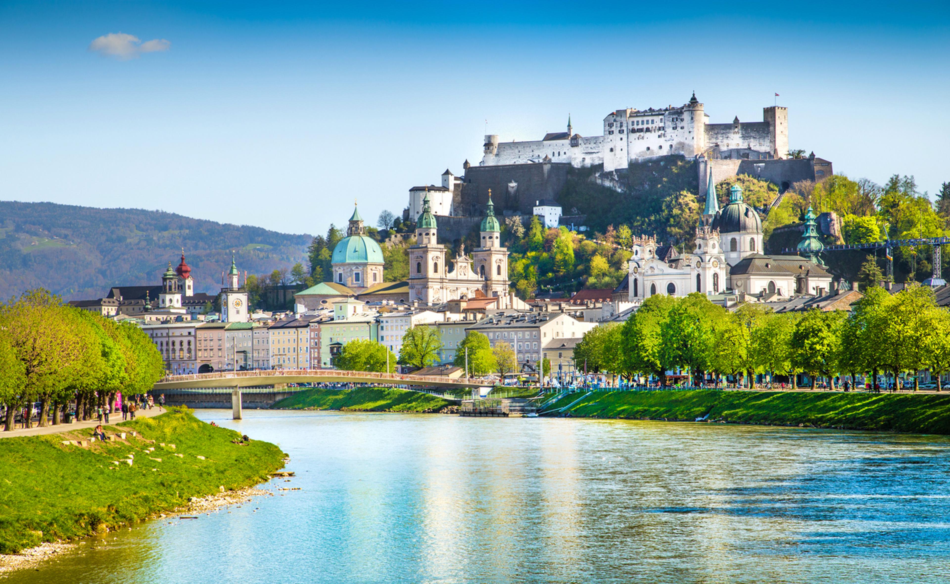 Beautiful Salzburg as seen from the Salzbach River in Austria