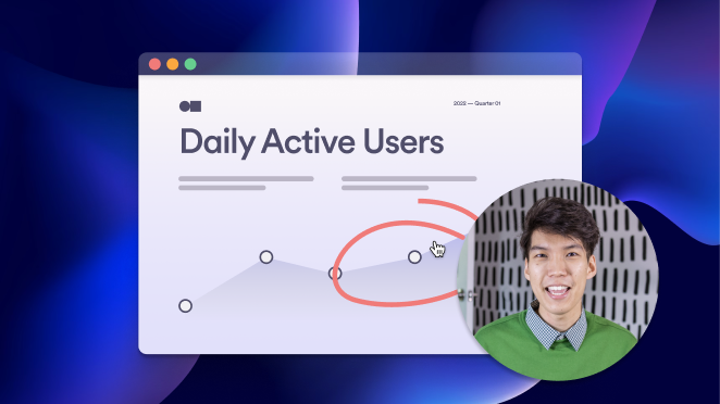 Loom showing presentation of "Daily Active Users" with circled area and person in Loom bubble explaining