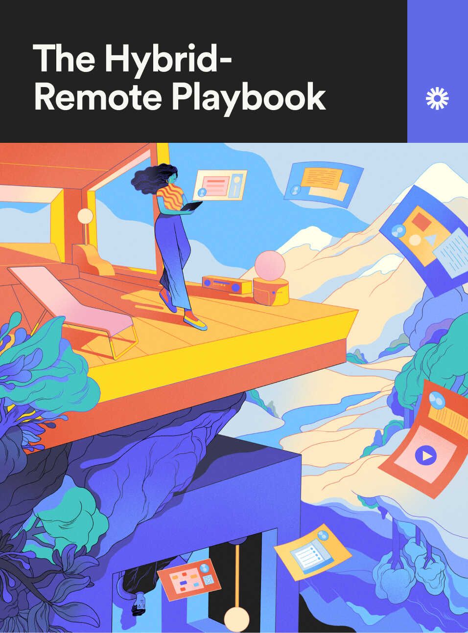 The Hybrid-Remote Playbook eBook Cover, with illustration of person holding a laptop in a modern building, with windows flying around them.