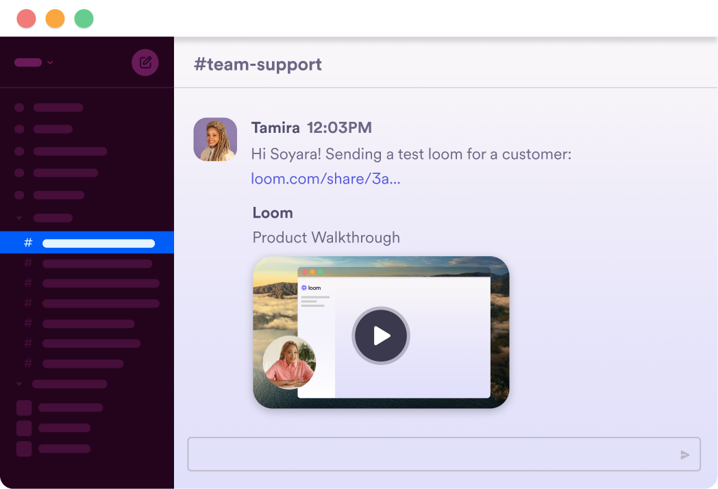 #team-support slack channel with message from Tamira, "Hi Soraya, sending a text loom for a custerom" with an embedded loom.