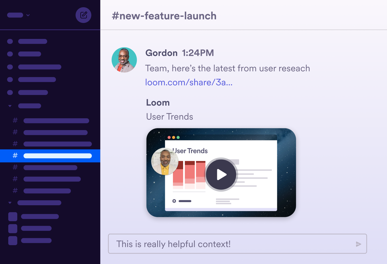 Person sharing user research via a loom in a Slack channel called "new feature launch"