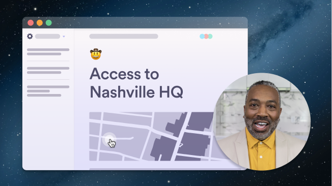 Document with "Access ot Nashville HQ" with person in loom bubble explaining