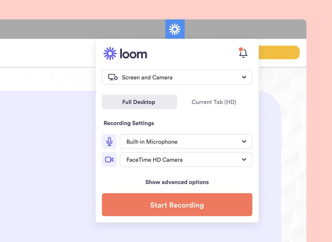 Loom dropdown in browser with various recording settings and Start Recording CTA.