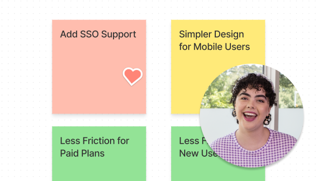 Stickies with "Add SSO support". "Simpler Design for Mobile Users", "Less Friction for Paid Plans," with person in loom bubble explaining