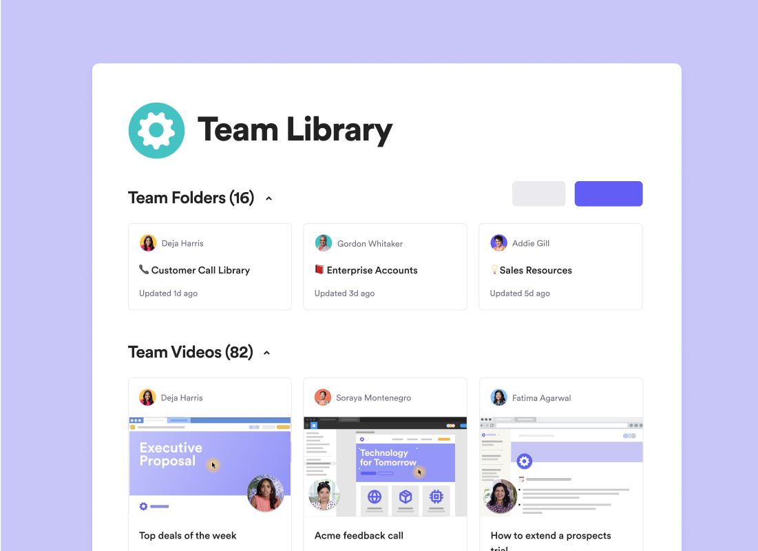 Team Library showing 16 team folders and 82 team videos.