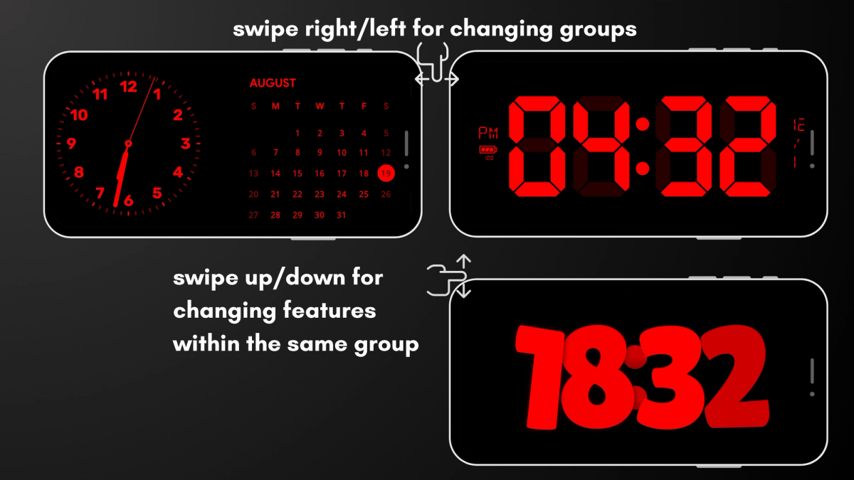 Gesture diagram: three StandBy Mode screens (with arrows labeled 'swipe right/left for changing groups' and 'swipe up/down for changing features within the same group'.