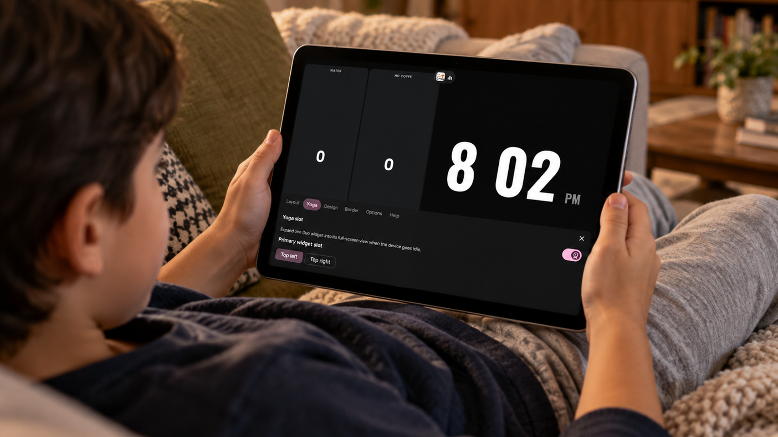 A child lies on a cozy sofa holding a tablet in landscape mode, viewing StandBy Mode Pro’s widget layout screen with a large digital clock and customization options.