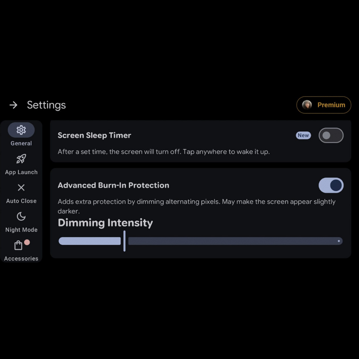 Advanced burn-in protection on Settings > General