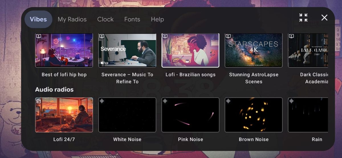 Vibes station picker in StandBy Mode showing Video (from YouTube) or Audio Radios (Lofi or procedural sounds)
