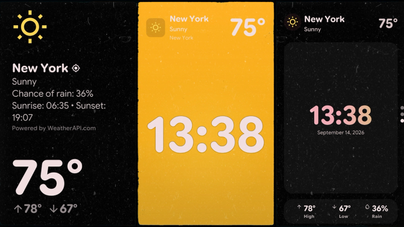 StandBy Mode weather clock widgets showing New York temperature, forecast, rain chance, sunrise, sunset, and time.