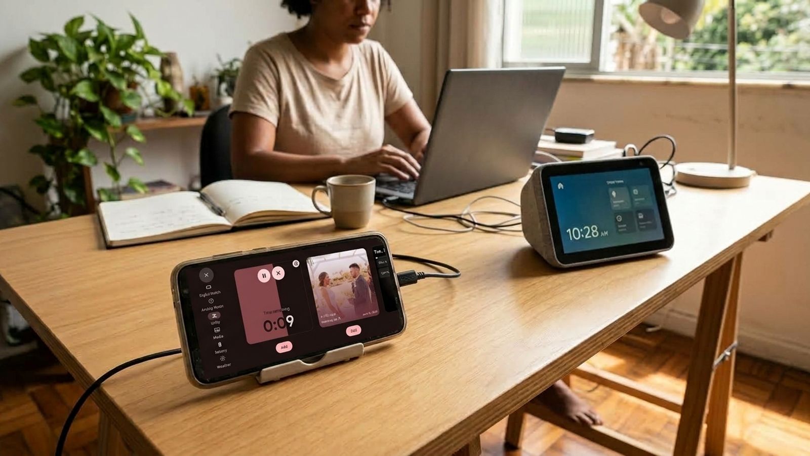 Person working at a desk with an old phone used as a display beside a dedicated smart display.