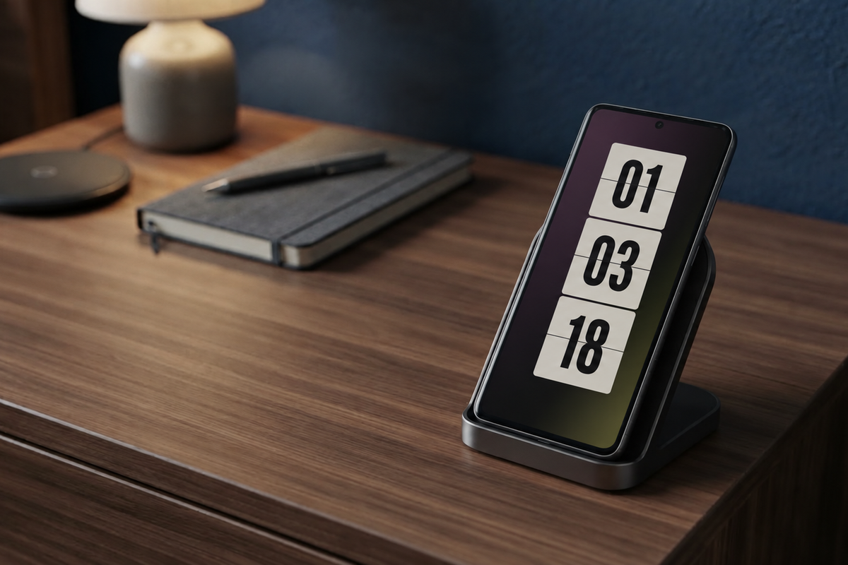 Android phone displaying a flip clock on a wireless charging stand on a wooden desk, illustrating an Always-On Display setup.