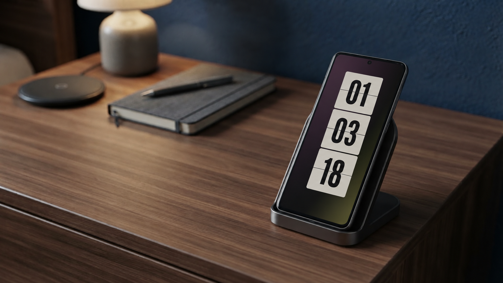 Android phone displaying a flip clock on a wireless charging stand on a wooden desk, illustrating an Always-On Display setup.