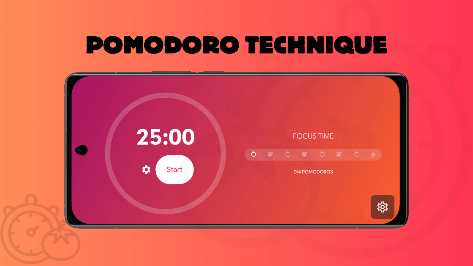 Pomodoro technique title with an Android mockup of a Pomodoro screen