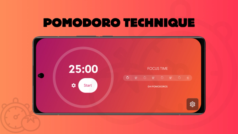 Pomodoro technique title with an Android mockup of a Pomodoro screen