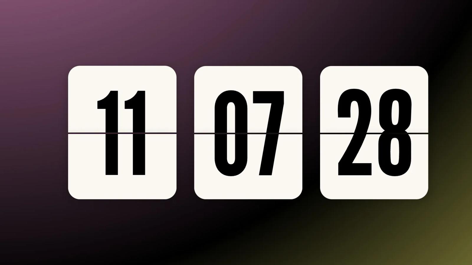 Retro flip clock app for Android with white split-flap digits reading 11:07:28